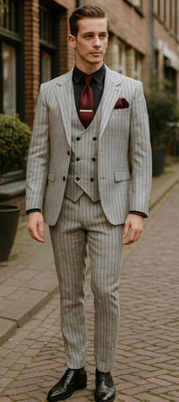 Mens Light Gray and Black Pinstripe 3 Piece Suit – Peaky Blinders Inspired Vintage Gangster 1920s Suit
