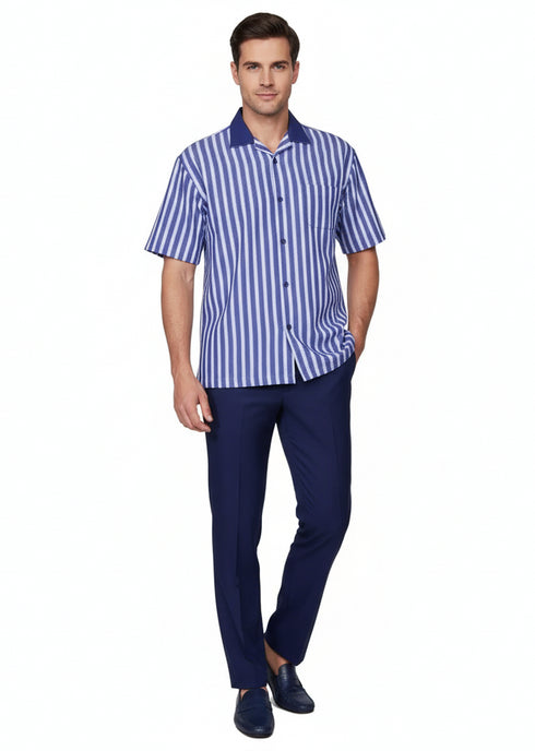 Men’s Blue and White Vertical Stripe Short Sleeve Shirt Set – Casual Summer Two-Piece Outfit