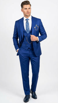 Men’s Royal Blue 3 Piece Suit Set with Vest – Formal Wedding and Party Wear Suit - Saphire Cobalt blue