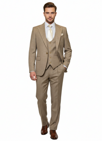 Men’s Beige Pinstripe Three-Piece Suit – Classic Fit Formal Suit with Vest and Flat-Front Pants in Tan Stripe By Rossiman