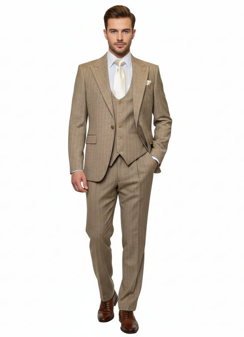 Men’s Beige Pinstripe Three-Piece Suit – Classic Fit Formal Suit with Vest and Flat-Front Pants in Tan Stripe By Rossiman