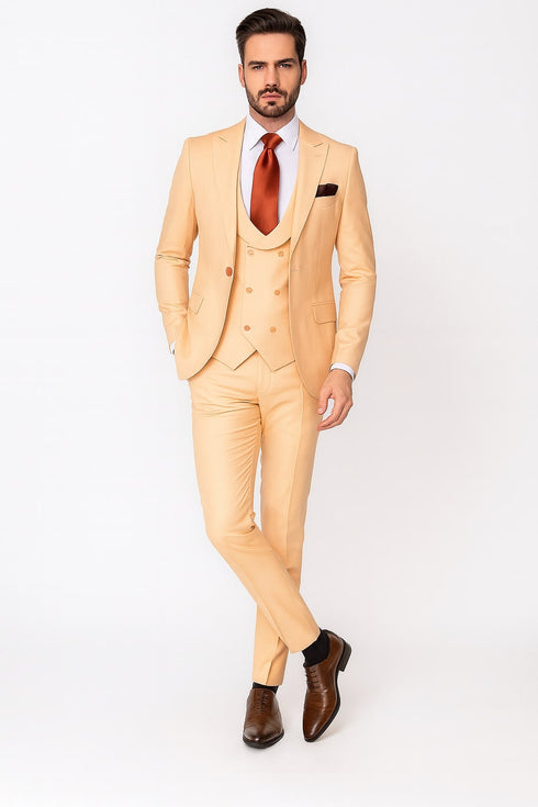 Mens Peach 3-Piece Suit – Double-Breasted Vest, Notch Lapel Blazer, Slim Fit Dress Pants