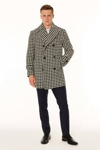 Mens Houndstooth Double-Breasted Overcoats – Classic Black and White Wool Blend Peacoat Wool Fabric