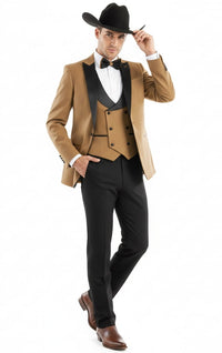 Mens Western Cowboy Tuxedo – Tan and Black 3-Piece Suit with Satin Lapel and Vest in Mocca Coffee Color