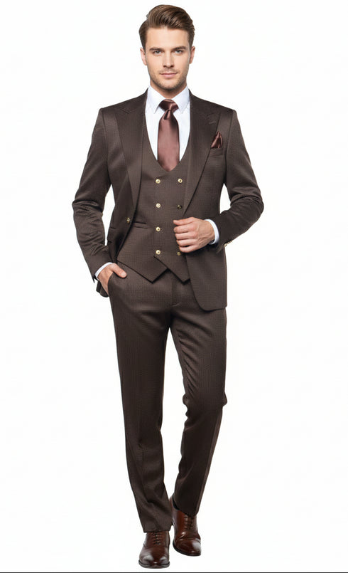 Men’s Chocolate Brown Textured 3-Piece Suit – Luxury Double-Breasted Vest Formal Set