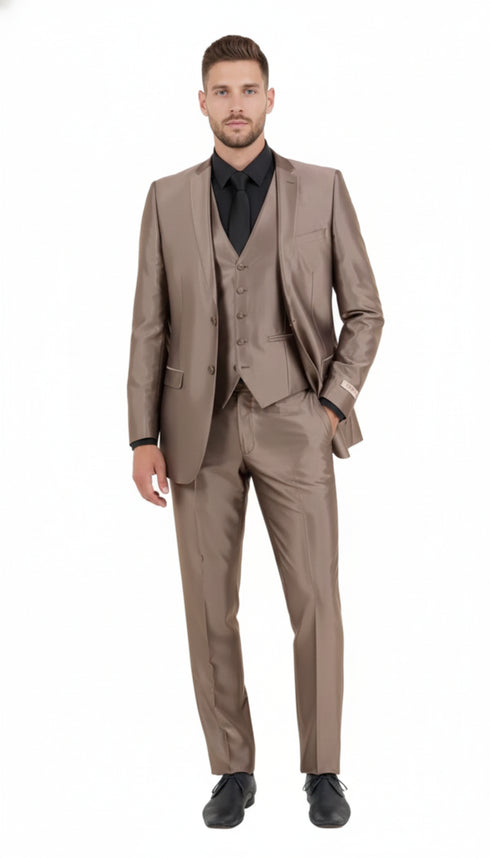 Men’s Sateen Shiny Metallic Mocca Taupe Gold Bronze 3-Piece Suit Set – Shiny Finish slim Fit Formal and Party Suit