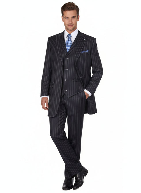 Men’s Three Button Suits - Navy Blue Pinstripe Three-Piece Suit – Classic Business and Formal Wear - Zoot Suit