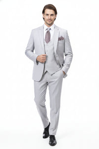 Men’s Very Light Gray Three-Piece Wedding Suit 2 Buttons Modern or Slim Fit Ash Bone Color Steel Grey