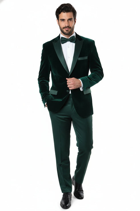 Men’s Dark Green Velvet Tuxedo Dinner Jacket – Slim Fit Formal Blazer with Satin Peak Lapel Lape