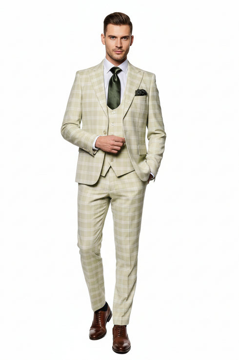 Men’s Light Beige Check 3-Piece Suit Set – Premium Tailored Fit Formal Wedding and Spring Event Suit Light Tan Sand Color By Rossiman