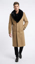 Men’s Camel Tan Long Overcoat with Black Faux Fur Collar - Wool Topcoat Three if not Full length