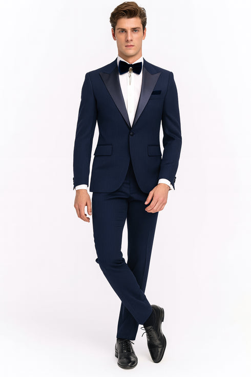 Men’s Navy Blue Tuxedo with Satin Peak Lapel With Matching Color Lapel Sateen – Formal 2 Piece Suit