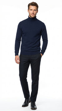 Men’s Navy Blue Turtleneck Sweater Pullover | Cotton Blend Long Sleeve Knit Top for Casual & Smart Wear