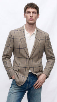 Men’s Tan Beige Peaky Blinders Glen Plaid Blazer English Style Textured Wool Winter Sport Coat Checkered Windowpane