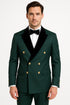Men's Green Double-Breasted Wedding Tuxedo with Black Velvet Lapel and Gold Buttons