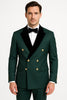 Men's Green Double-Breasted Wedding Tuxedo with Black Velvet Lapel and Gold Buttons