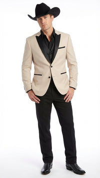 Men's Light Tan and Black Lapel Western Tuxedo Suit Set Wedding Party Cowboy Dress Tuxedo Black Pants