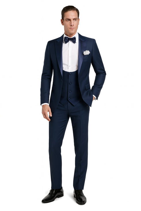 Men’s Navy Blue Tuxedo with Satin Peak Lapel with navy sateen – 3 Piece Formal Suit with Vest and Bow Tie
