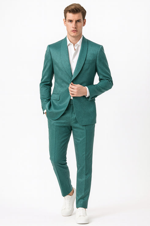Men’s Teal Green Floral Jacquard Blazer – Slim Fit Tuxedo Jacket for Weddings, Proms, and Parties