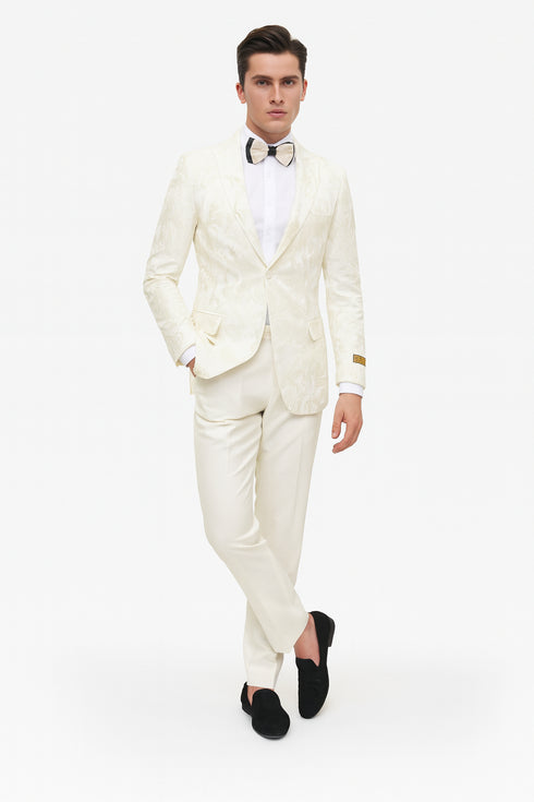 Men’s Ivory Floral Embroidered Tuxedo Jacket – Elegant Wedding and Party Blazer in Cream Color With Ivory Pants