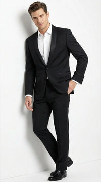 Tiglio Designer Men’s Black Single Button Tuxedo Suit – Formal Black Business and Wedding Suit Shawl Collar Super 150's Wool Fabric