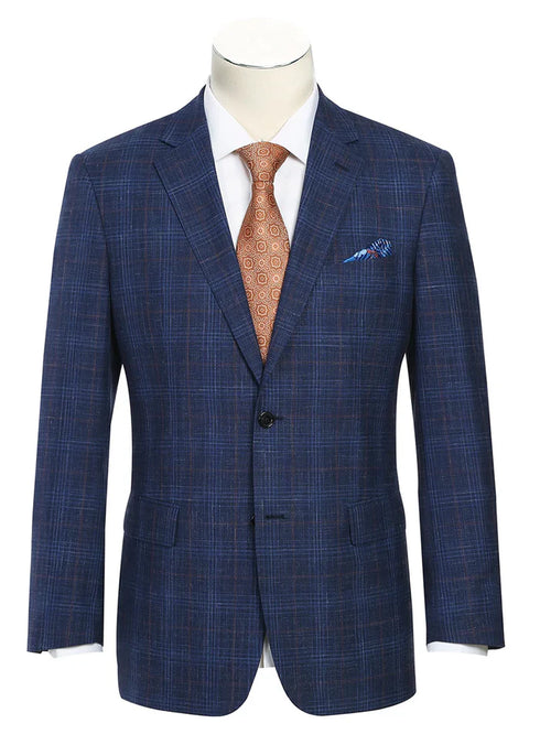 Regular Fit Wool & Linen Blue Plaid Blazer