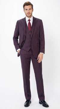 Men’s Plum Eggplant Pinstripe 3 Piece Suit – Burgundy Purple Formal Suit Gangster 1920s Mafia Pimp Suit