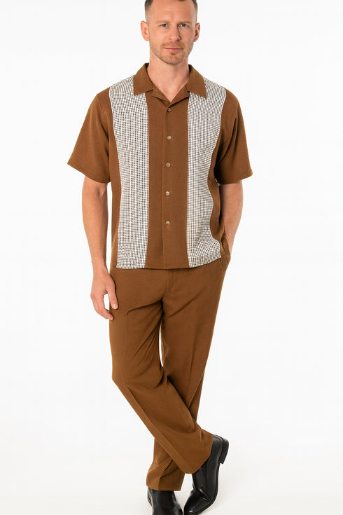 Men’s Cognac Tan Two-Piece Outfit – Short Sleeve Button-Up Shirt and Pants Set
