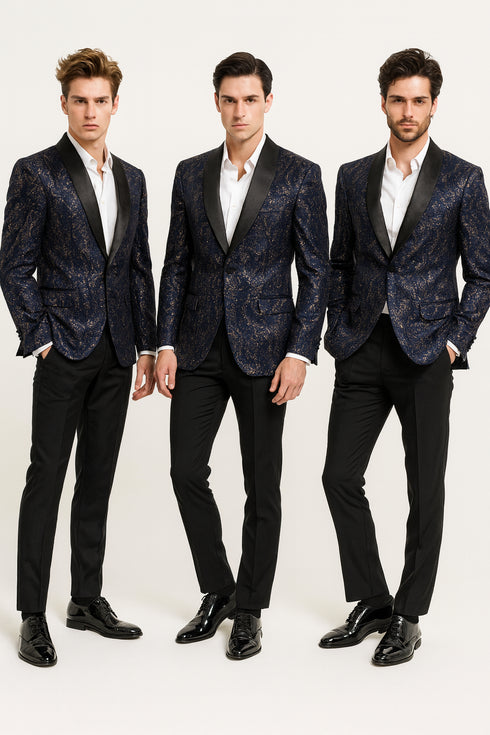 Men’s Navy Blue Sequin Tuxedo Jacket with Black Satin Shawl Lapel – Luxury Prom and Wedding Blazer