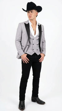 Men’s Light Gray Cowboy Tuxedo with Black Satin Lapel – Western Formal Suit with Double Breasted Vest