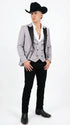 Men’s Light Gray Cowboy Tuxedo with Black Satin Lapel – Western Formal Suit with Double Breasted Vest