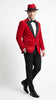 Men’s Red Velvet Fabric Rhinestone Blazer with Matching Red and Black Hat – Christmas New Year Holiday Party Jacket Set