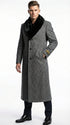 Men's Grey Herringbone Tweed Long Overcoat with Black Faux Fur Collar, Classic Winter Topcoat