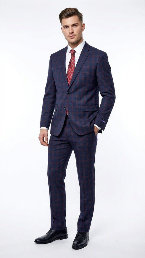 Men’s Navy Blue and Burgundy Checkered Two-Piece Suit Plaid Windowpane – Flat Front Pants or Pleated Wide Leg Pants - 100% Wool