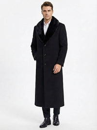 Men’s Black Long Overcoat with Faux Fur Collar, Full Length Winter Topcoat for Formal and Business Wear