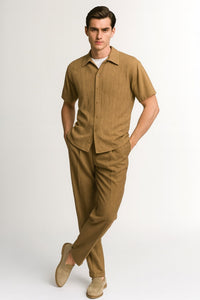 Mens Mocha Brown Short Sleeve Knit Walking Suit – Two-Piece Casual Button Down Set in Taupe Coffee Color