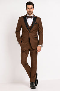Men’s Light Brown Tuxedo Suit with Black Satin Lapel – 3 Piece Formal Wedding & Prom Outfit - Country Look
