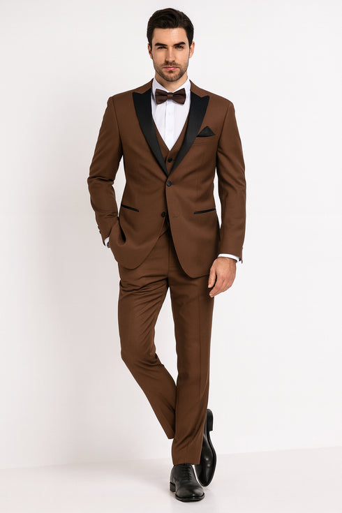 Men’s Light Brown Tuxedo Suit with Black Satin Lapel – 3 Piece Formal Wedding & Prom Outfit - Country Look