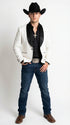 Men’s White Cowboy Blazer with Black Shawl Lapel – Western Formal Jacket for Wedding and Special Events