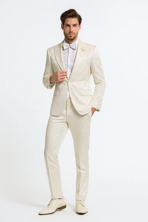 Men’s Champaign Ivory Jacquard Paisley Tuxedo Suit with Satin Shawl Lapel – Elegant Wedding and Prom Outfit By Rossiman