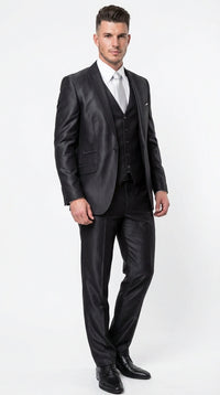 Men’s Black Three Piece Suit – Modern Fit 3PC Formal Suit with Vest for Weddings, Prom and Business Events Sharkskin Shiny Fabric