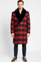 Mens Red and Black Plaid Wool Overcoat with Black Faux Fur Shawl Collar – Double-Breasted Winter Coat - Tartan Designs