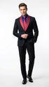 Men’s Black Suit with Burgundy Shawl Lapel – Formal Tuxedo Suit for Wedding, Prom and Evening Events + Bowtie & Tie