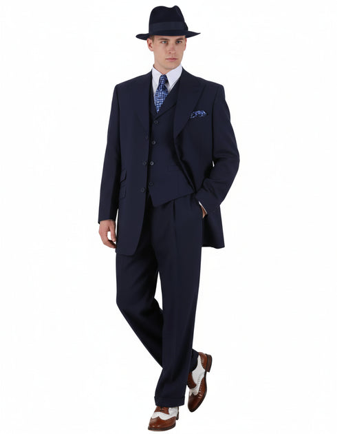 Men’s 1920s Navy Blue Zoot Suit with Fedora Hat and Wingtip Shoes – Classic Gangster 3-Piece Long - Classic Fit Pleated Pants
