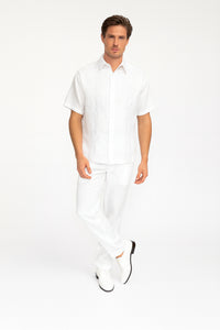 Men’s Linen White Embroidered Guayabera Two-Piece Set – Short Sleeve Shirt and Pants - Summer Walking Suit