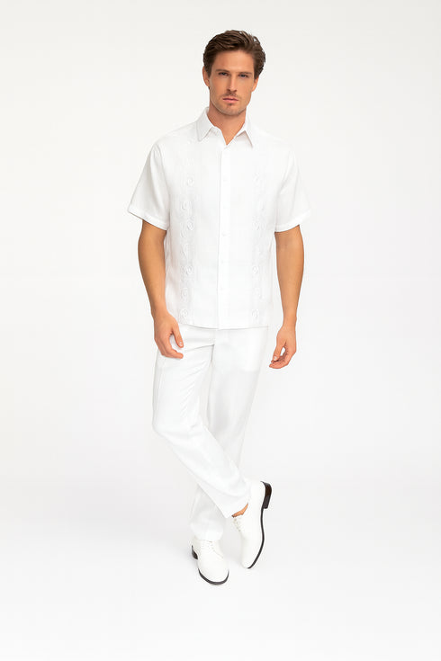 Men’s Linen White Embroidered Guayabera Two-Piece Set – Short Sleeve Shirt and Pants - Summer Walking Suit