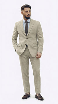 Men’s Light Tan Tweed Suit – Classic Beige Two Piece Suit, Herringbone Formal Wear, Vintage Style Business & Wedding Outfit for Men