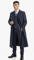 Men’s Navy Blue Herringbone Tweed 1920s 3 Piece Suit with Overcoat – Vintage Peaky Blinder Style Formal Suit Set with Blazer, Waistcoat + Overcoat + Hat