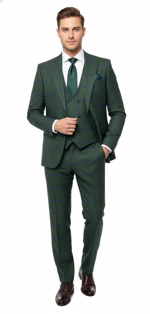 Men’s Green Plaid 3-Piece Suit – Classic Check Slim Fit Suit for Weddings, Church, and Formal By Rossiman