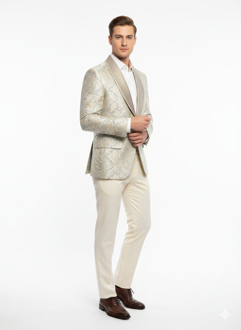 Men’s Champaign Silver and Cream Embroidered Luxury Blazer – Floral Pattern Wedding & Party Dinner Jacket in Light Tan Color